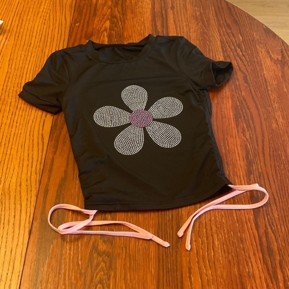 SHEIN Black Rhinestone Flower Side Tie Top XS